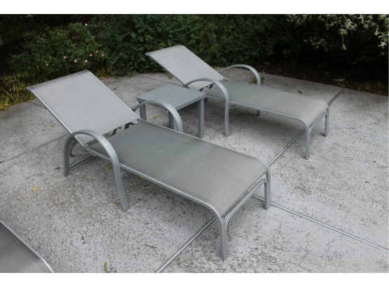 Pair Of Outdoor Aluminum Adjustable Lounge Chairs And Side Table By Telescope Casual - Lot 2