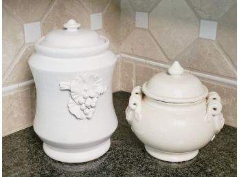 Two White Lidding Pottery Canisters