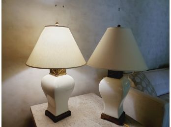 Pair Of White Pottery Crackle Finish Table Lamps With Brass Base & Accents