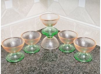 Six Vintage Vetreria Lux Pink & Green Textured Glass Footed Compote Dessert Dishes