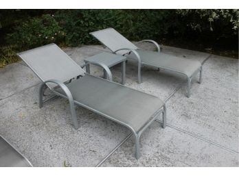Pair Of Outdoor Aluminum Adjustable Lounge Chairs And Side Table By Telescope Casual - Lot 2