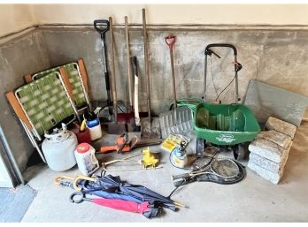 Mixed Outdoor Lot With Shovels, Belgian Blocks, Lawn Chairs. Axe Spreader,  Etc