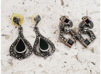 Two Pairs Of Vintage Sterling Silver Marcasite & Onyx Pierced Earrings Including Designer Signed Judith Jack