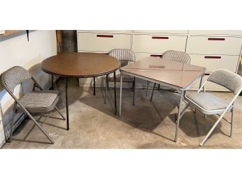 Group Of Two Vintage Folding Tables And Four Padded Metal Folding Chairs