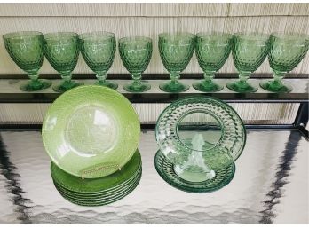 Vintage Assortment Of Emerald Green Diamond Point Goblets, Plates & Basket Weave Plates