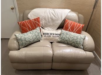 Reclining Two-seat Tan Leather Sofa From Careers With Throw Pillows From Berkshire, Judy Ross, Etc