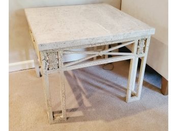 Larger Sized Cream Painted Metal & Stone Top Side Square Accent Table