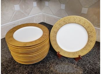 Fourteen Vintage Limoges France French China Gold Leaf Rimmed Porcelain 10.5' Dinner Plates