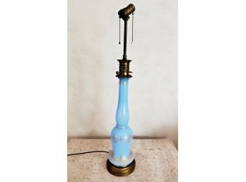 Pretty Vintage Pale Blue Art Glass Lamp On Brass Base With Gold Leaf Design Accents
