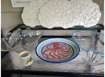 Set Of Capiz Shell Placemats, Large Italian Pottery Octopus Bowl, Plastic Clam Shaped Serving Bowls