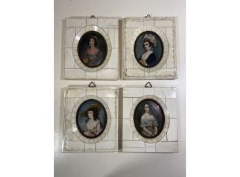 4 Antique Hand Painted Portraits Bone Frame 5x6in Germany Signed Karl 1828?