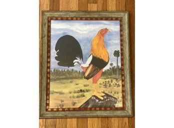Framed Rooster Picture Signed Olga E Reyes 2001 20x24in
