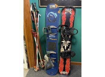 2 Snowboards 4 Sets Ski Poles Sims Fakie 11x60in Blue Board 12x61im With Bindings