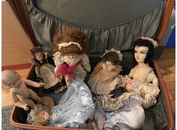 6 Vintage Dolls And A Suitcase