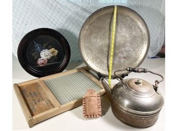 Home Decor, Silver On Copper Tray, Old Wood & Glass Washboard, Metal Tea Kettle, Hand Painted Wooden Tray