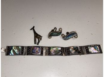 Sterling Silver And Mother Of Pearl Jewelry From Mexico 1.17oz Bracelet Earrings And Giraffe Pin Jewelry