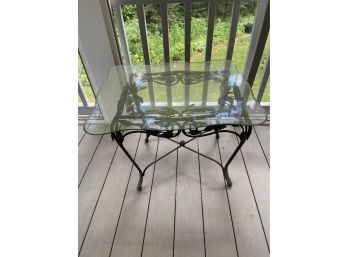 Leaf Motif Iron Patio Side Table With Glass Top