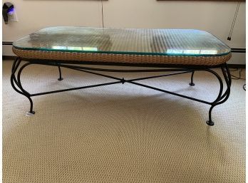 Iron And Wicker Coffee Table With Glass Top 46x22x17.5in Sturdy And Heavy