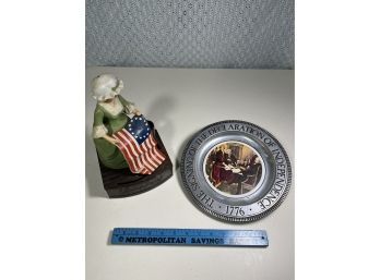 Beaty Ross Bank 6inx6inx10.5in And 10in Pewter Plate Of The Signing Of The Declaration Of Independence