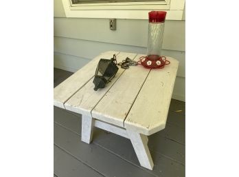White Wood Porch Side Table 22x24x20in Glass Hummingbird Feeder Metal Glass Votive Candle Holder