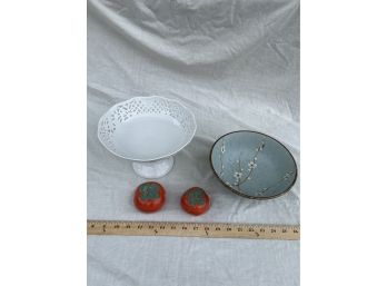 Oscar De La Renta Porcelain Fine China Fruit Bowl, Flower Blossom Ceramic Bowl, Salt And Pepper Shakers