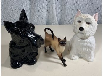 2 Terrier Dogs And A Siamese Cat - Liquor Bottle Bone China Made In England Royal Adderley Royal Doulton