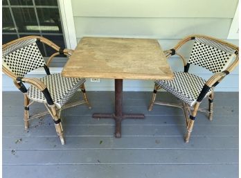 Wood Bistro Table 30x30x30in Two Bamboo Frame & Resin Wicker Chairs 22x16x31in