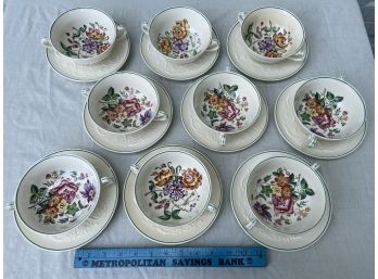 Wedgwood Patrician Signed Double Handle Relief Soup Bowl 5in And Plate 7in Floral Botanical Scene
