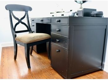 Ebonized Desk With Low Hutch With Built In Electrical Outlet Strip