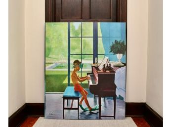 Large Poolside Piano Practice  Print On Canvas By George Hughes 40W X 1 1/2D X 48H