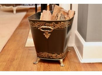 Metal Handpainted Fireplace Log Basket With Brass Footing And Handles
