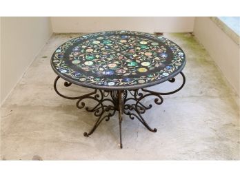 One Of A Kind Wrought Iron Table With Semi Precious Stone Inlaids