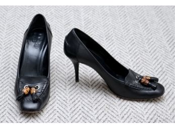 Gucci Black Leather Bamboo Tassel Pump Shoes