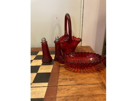 Lot If Ruby Red Glass,  Basket, Salt And Pepper Shakers, And Tray