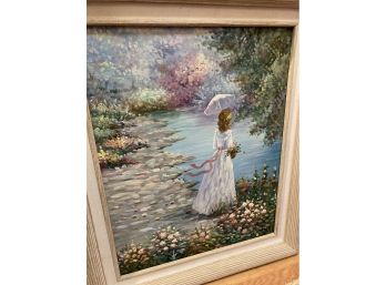 Impressionist Oil On Canvas Woman At A Lake Beautifully Framed And Matted