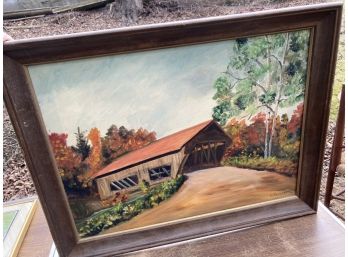 Oil On Canvas Painting By M. Peterson Of A Covered Bridge, Framed
