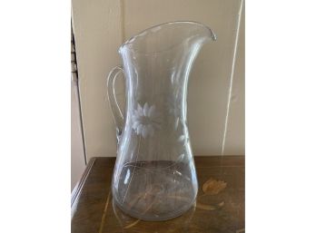 Clear Glass Etched Floral Pitcher - Very Heavy And Good Quality!