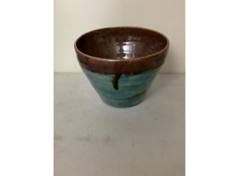 Stunning 7 Inch Wide Green And Brown Pottery Bowl
