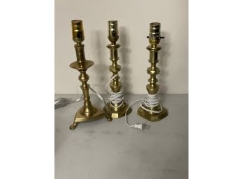 Three Antique Brass Candlesticks Converted To Lamps. One Has Claw Feet