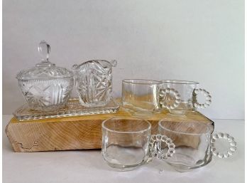 Vintage Beaded Handle Glass Coffee Mugs With Creamer & Sugar Dish