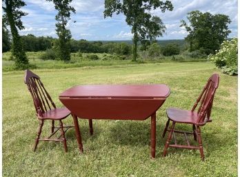 A Red Painted Antique Drop Leaf Table & Brace Back Chairs For Indoor Use
