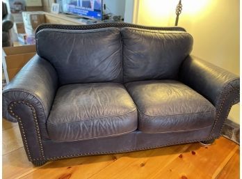 Blue Toned Genuine Leather Sofa With Down Cushions, Super Comfy!