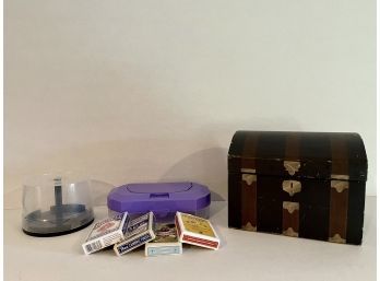 A Misc Collection Of Storage Containers & Playing Cards