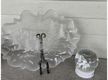 Beautiful Glass Christmas Scene Platter & Snow Globe