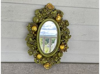Unique Carved Small Wooden Mirror With Green And Yellows