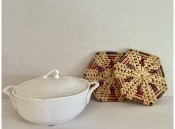Beautiful Lidded Casserole Dish With Hand Woven Trivets