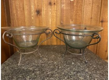 2 Glass Bowls On Metal Stands