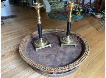 Low Wicker Table And Pr. Of  Beautiful Brass And Black Candlesticks
