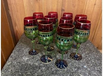 Set Of 10 Red, Green, & Gold Wine Glasses