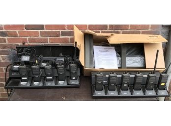 Qty 4 Kenwood KMB 16 Multi-charger Holders With 14 Handheld Radio Chargers And 11 Radios. Need Model # And Fre
